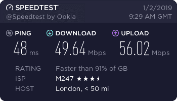 PIA United Kingdom VPN server speed test results